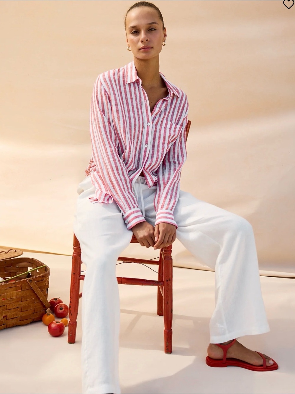 Rails Reddish Pink & White Striped Button-Down Shirt linen blend size small GUC